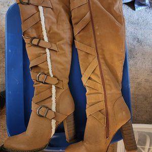 Tan faux suede & shearling, knee boots, SZ 8.5